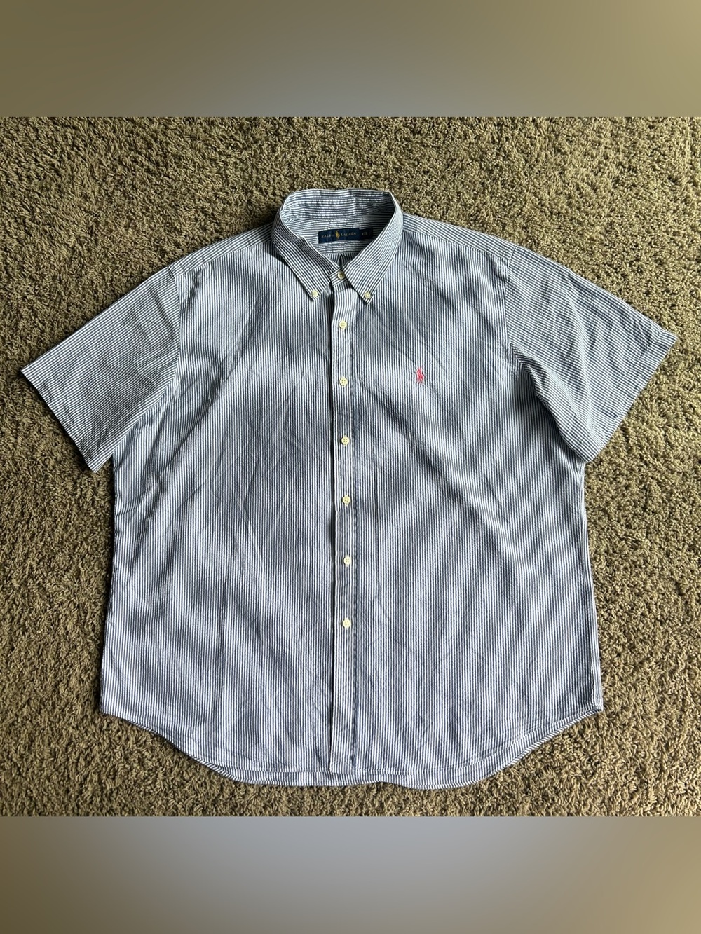 Polo Ralph Lauren Seersucker Shirt Mens 2XL Blue/White Gingham Striped Button Up
